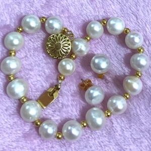 14K Gold Plated Natural White South Sea Pearl Bracelet
& Earrings Set
